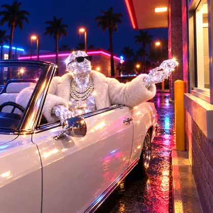Aurum pays at a burger drive thru with a diamond