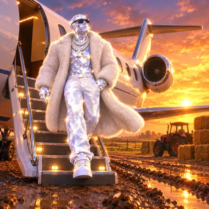 Aurum steps off a private jet onto a muddy farm road