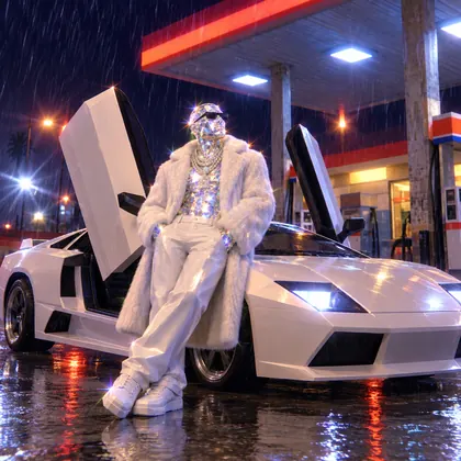 Aurum leans on a white supercar at a rainy gas station