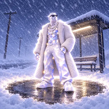 Snow melts around Aurum at a rural bus stop