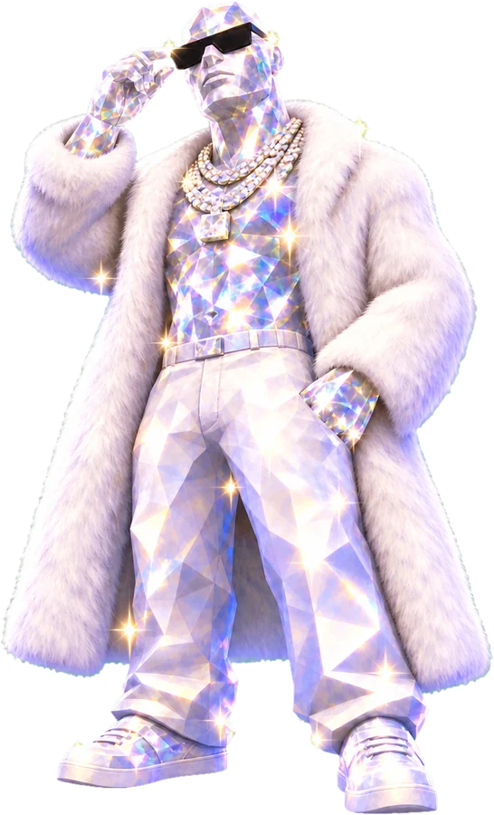 Aurum, a man made of white diamond in a fur coat and chains